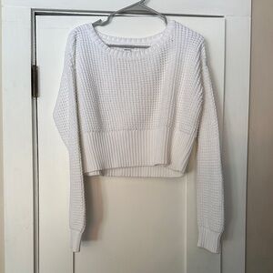 Bar III White Waffle-Knit Cropped Crewneck Sweater